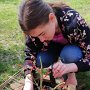Zdjęcie 18 uczennica klasy 6 sadzi roślinę w drewnianej donicy.